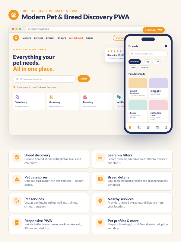 BreedsPWA customer website and installable PWA: breed discovery, search, pet services and nearby providers