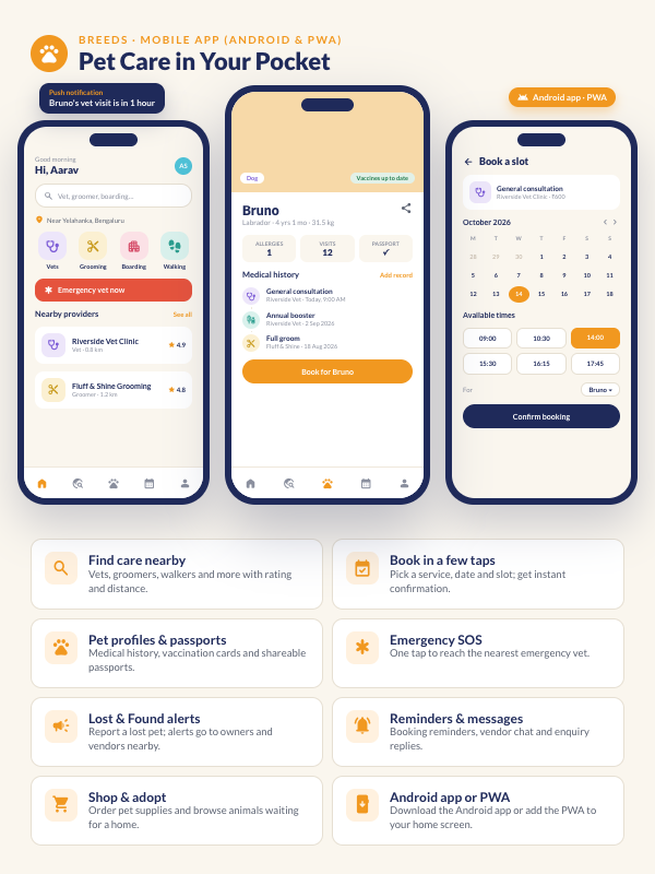 BreedsPWA mobile app: find care nearby, pet profiles and passports, book a slot